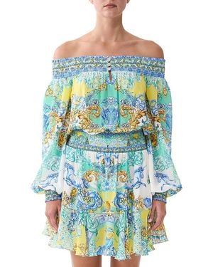 CAMILLA Silk Off-The-Shoulder Dress - Blue