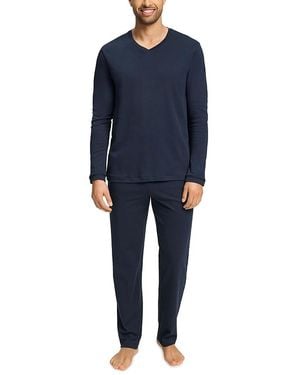 Hanro Night And Day Long Sleeve V Neck Knit Pajama Set - Blue