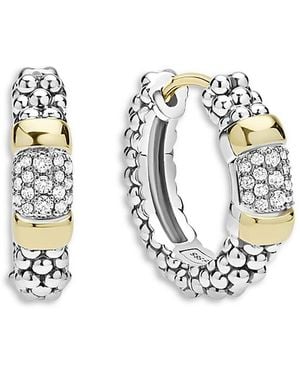 Lagos 14K & Sterling Signature Caviar Diamond Hoop Earrings, 0.19 Tcw - White