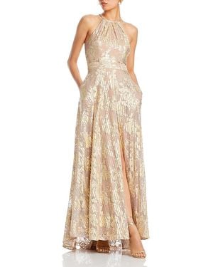 Aqua Foil Knit Metallic Halter Gown - Pink