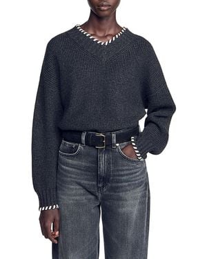 Sandro Augusta Wool Blend Whipstitch V Neck Sweater - Blue