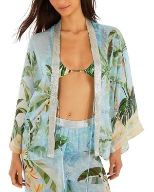 FARM Rio Open Front Embroidered Detail Blouse Swim Cover-Up - Green