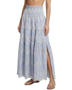 Change of Scenery Charlie Pinstripe Eyelet Smock Waist Slit Skirt - Blue