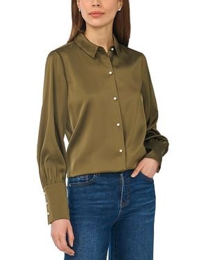 Cece Satin Faux Pearl Button Blouse - Green