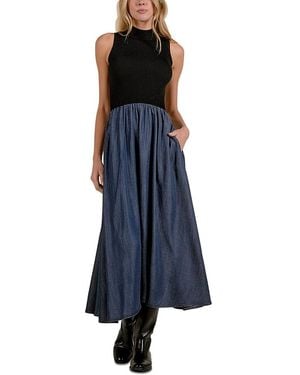 Elan Mixed Media Mock Neck Sleeveless Dress - Blue