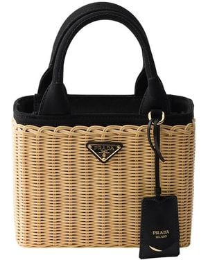 Prada Small Wicker And Canvas Tote Bag - Black