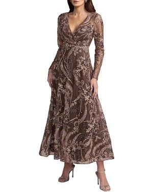 Mac Duggal Floral Embroidered 3/4 Sleeve V Neck Midi Dress - Brown