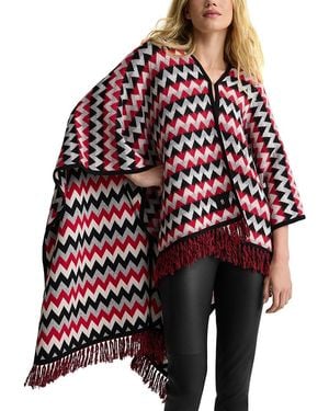 St. John Zigzag Stripes Frayed Hem Poncho - Red