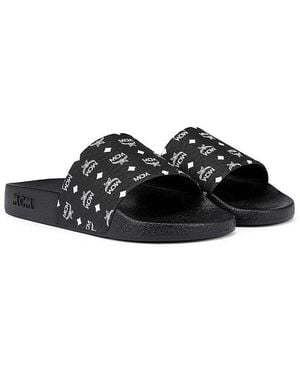 MCM Monogram Print Rubber Slides - Black