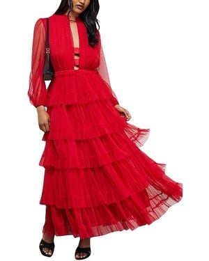 Warehouse Ruffle Neck Tulle Maxi Dress - Red