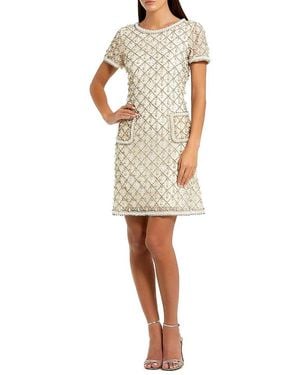 Mac Duggal Short Sleeve Embellished Crepe Midi Dress - White