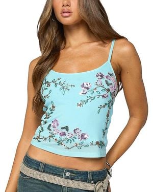 Edikted Blair Floral Bead & Sequin Mesh Top - Blue