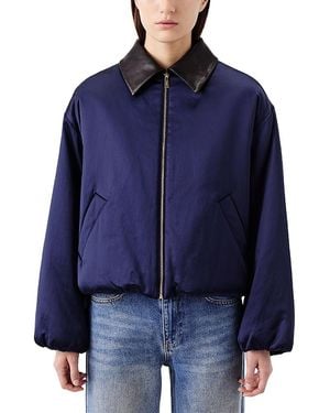 Tresser Zippered Leather Collar Bomber Jacket - Blue