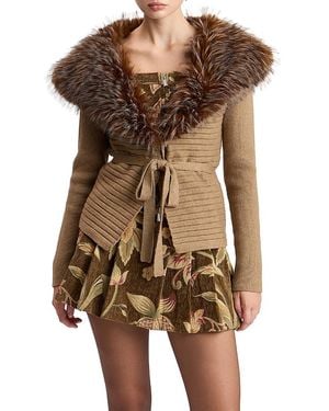 Avec Les Filles Faux Fur Collar Tie Cardigan Sweater - Brown