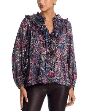 Aqua Long Sleeved Floral Satin Burnout Ruffled Blouse - Blue
