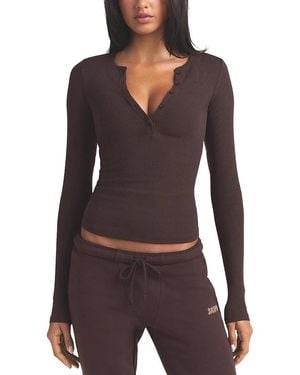Skims Ribbed Cotton Blend Henley Top - Purple