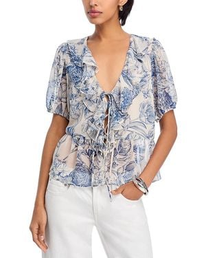 Aqua Floral Toile Ruffle Short Sleeve Top - Blue