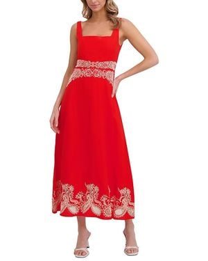 Ted Baker Square Neck Embroidery Detail Midi Dress - Red