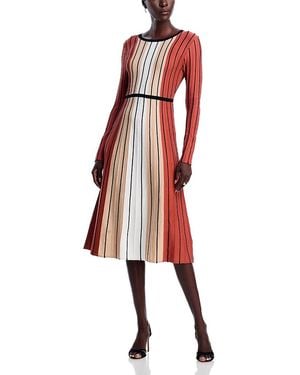 Tahari Long Sleeve Round Neck Vertical Color Block Stripe Dress - Red