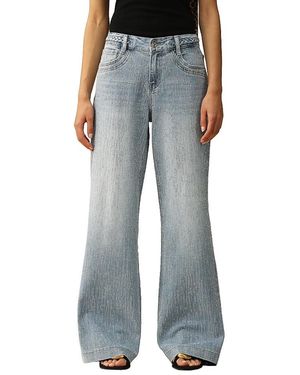 Bayeas Mid Rise Wide Leg Denim Jeans With Rhinestone - Blue