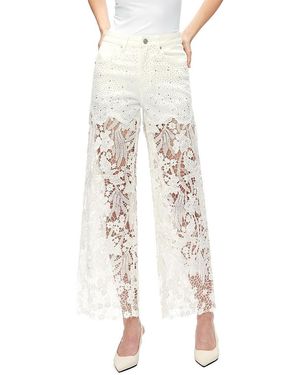 Bayeas Embroidery Wide Leg Lace Jeans With Rhinestone - Natural