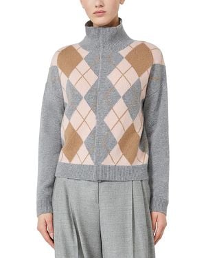 Max Mara Mstpacche Wool & Cashmere Argyle High Neck Sweater - Gray