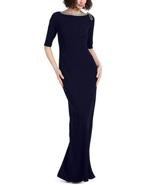 EMILY SHALANT Stretch Crepe Elbow Sleeve Embellished Gown - Blue
