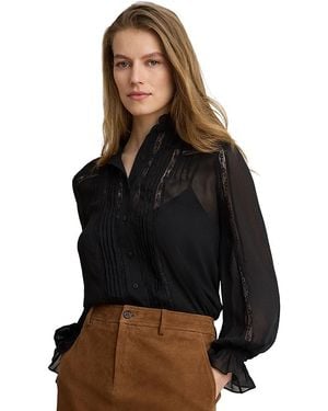 Ralph Lauren Lace Trim Crinkle Georgette Blouse - Black