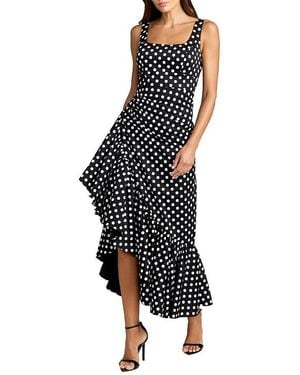 Mac Duggal Sleeveless Polka Dot Midi Dress With Ruffled Hem - Black