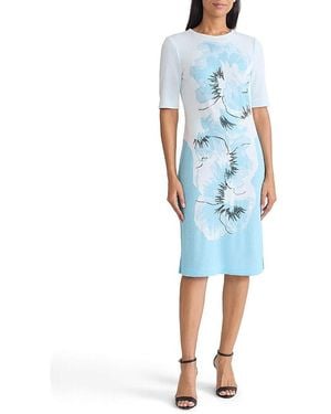Ming Wang Bold Floral Jacquard Knit Sheath Dress - Blue