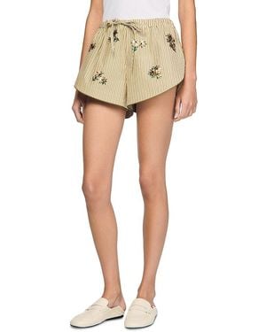 Sandro Floral Embroidered Striped Shorts - White