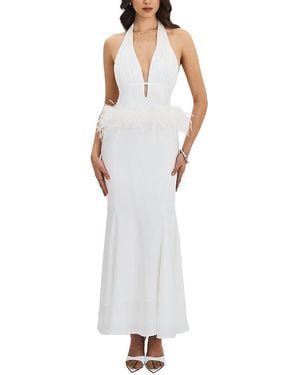 Miss Circle Solene Pleated Halter Backless Feather-Trim Maxi Dress - White