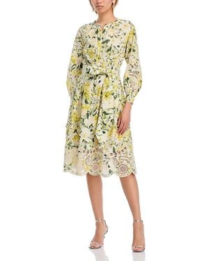 Teri Jon Cotton Print Eyelet Trim Dress - Yellow