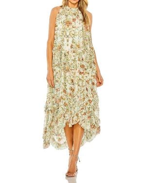 Mac Duggal Sleeveless High Neck Lattice Ruffle Floral Dress - Yellow