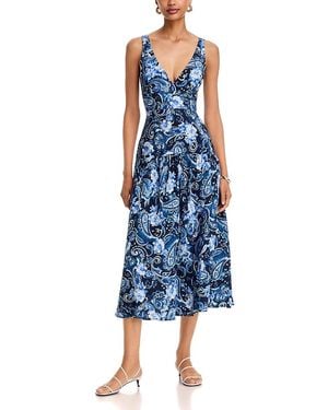 Aqua Paisley Print V Neck Drop Waist Midi Dress - Blue