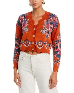 FARM Rio Victorian Floral Knit Cardigan - Red