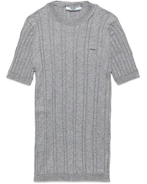 Prada Short Sleeved Ribbed Knit Cotton Sweater - Gray