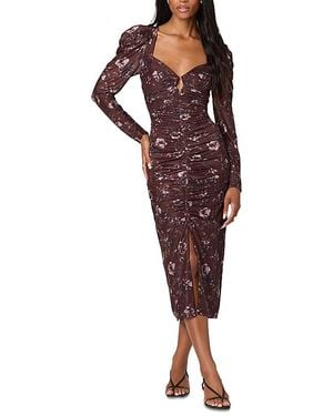 Astr Long Sleeve Mesh Ruched Midi Dress - Red