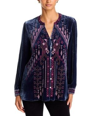 Johnny Was Velvet Embroidered Blouse - Blue