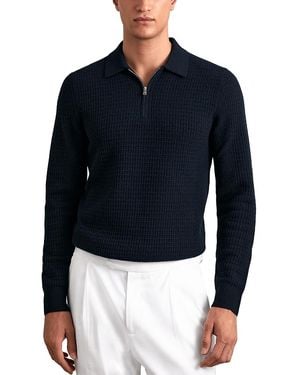Reiss Hamilton Long Sleeved Half Zip Square Textured Wool Polo Shirt - Blue