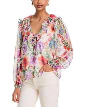 Aqua Floral Print Ruffle Neck Blouse - Red