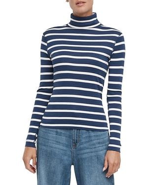 Three Dots Striped Turtleneck Long Sleeve Tee - Blue