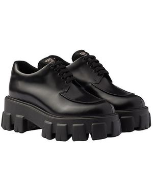 Prada Monolith Brushed Leather Lace-Up Shoes - Black