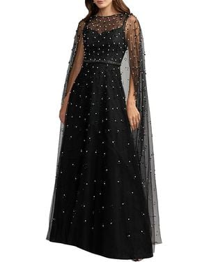 Mac Duggal Pearl Embellished Tulle A-Line Gown With Cape - Black