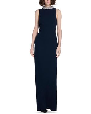 EMILY SHALANT Braided Crystal Mock Neck Stretch Crepe Gown - Blue