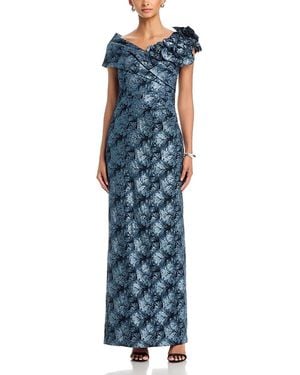 Teri Jon Metallic Jacquard Off-The-Shoulder Flower Gown - Blue