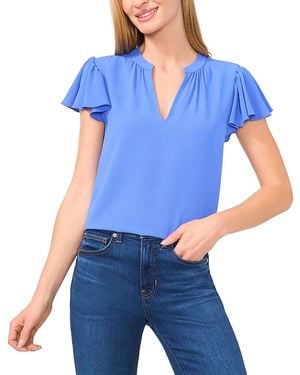Cece Split Neck Flutter Sleeve Top - Blue