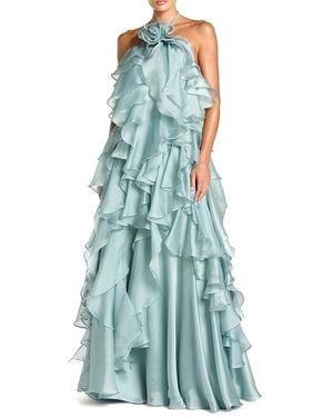 Mac Duggal Organza Halter Neck Open Back Ruffle Gown - Blue