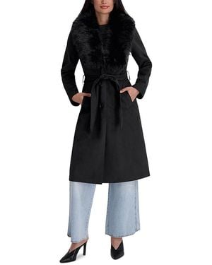 Kenneth Cole Faux Fur Collar Faux Suede Trench Coat - Black