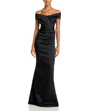 Teri Jon Satin Stretch Off The Shoulder Gown - Black